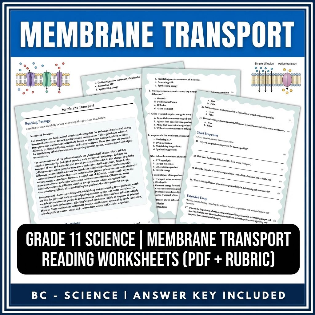 Grade 11 Science | Membrane Transport Reading Worksheets (PDF + Rubric)