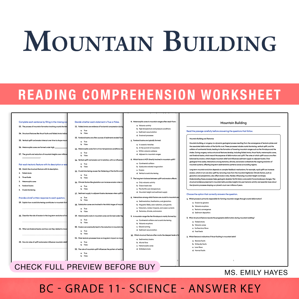 Grade 11 Science worksheet worksheet — Grade 11 Science | Mountain Building Worksheet (PDF + Answer Key) — page 1