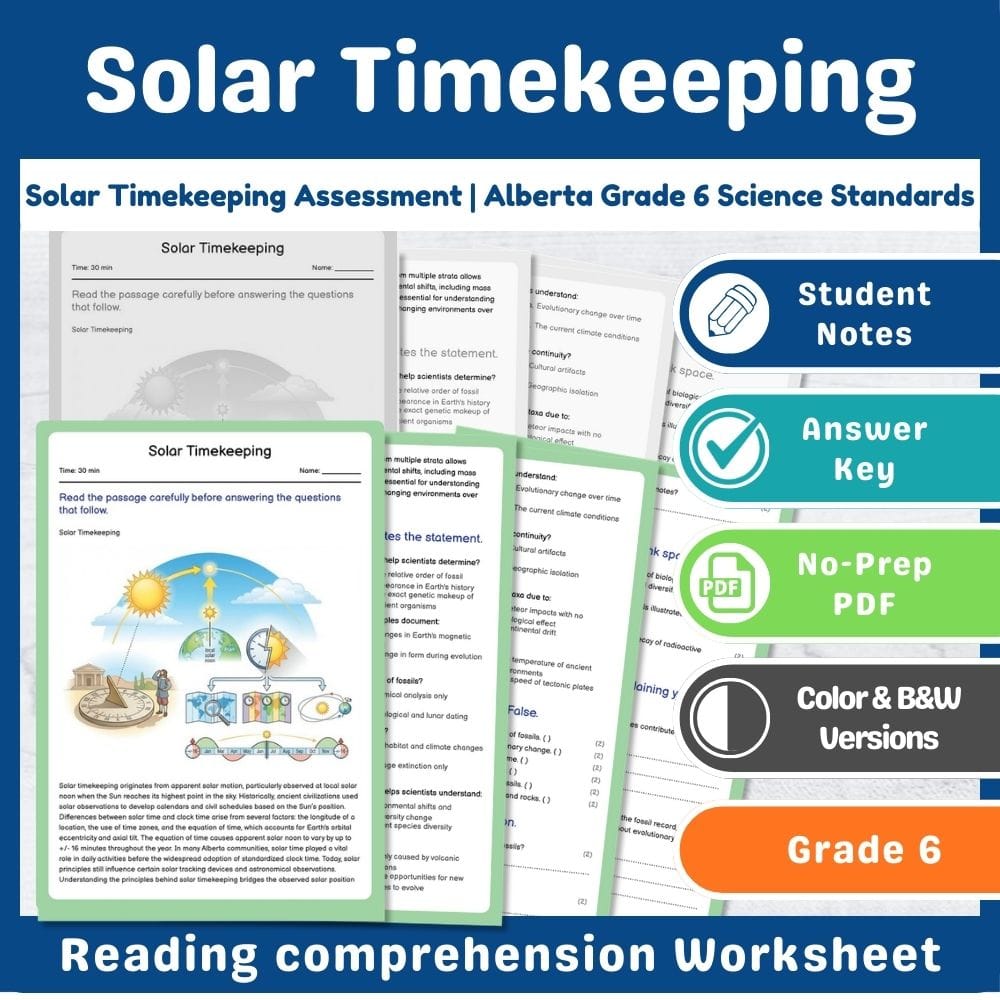 Grade 6 Science assessment worksheet — Solar Timekeeping Assessment | Alberta Grade 6 Science Standards — page 1