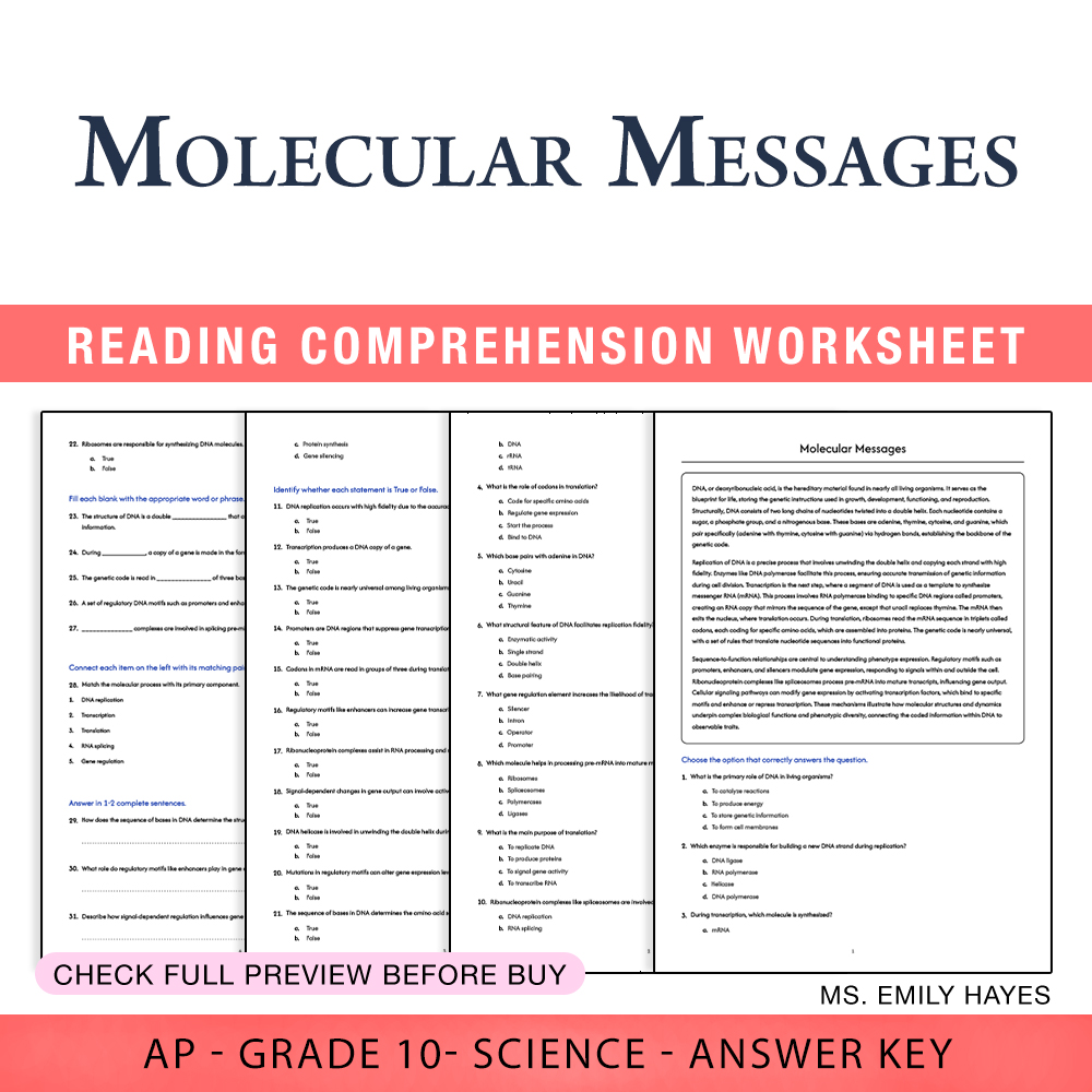 Grade 10 Science worksheet worksheet — Grade 10 Science | Molecular Messages Worksheet (PDF+ Answer Key) — page 1