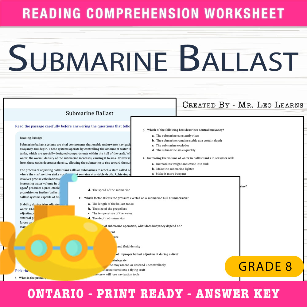 Grade 8 Science worksheet worksheet — Grade 8 Science — Submarine Ballast Worksheet for Understanding Buoyancy — page 1