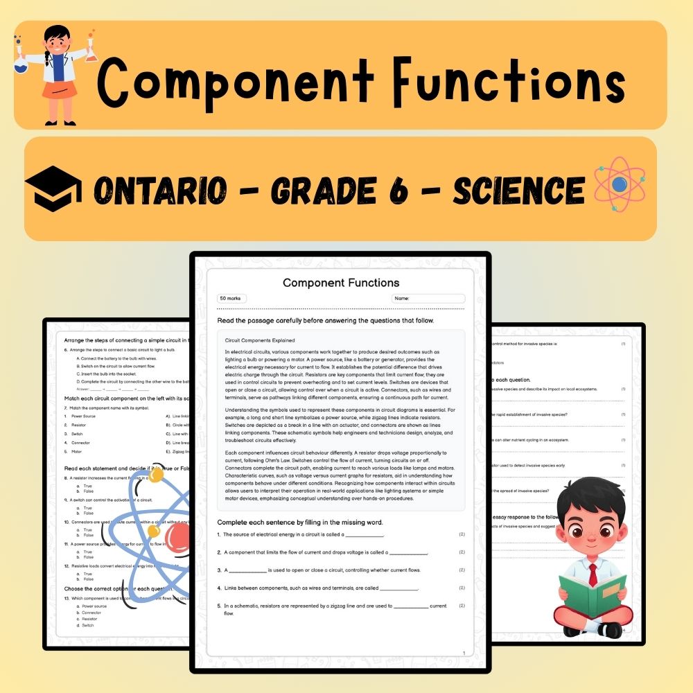 Grade 6 Science worksheet worksheet — 6th Grade Science – Component Functions Worksheet (PDF) for Ontario Standards — page 1