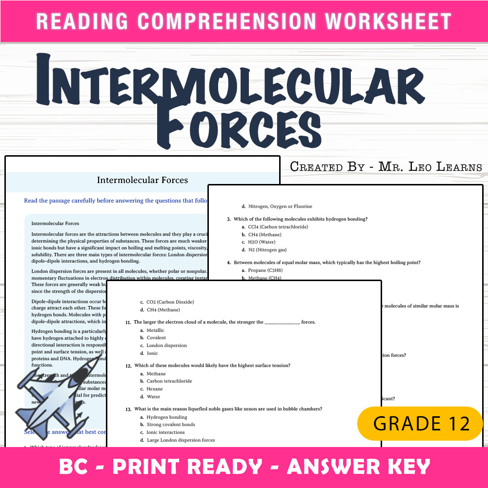 Grade 12 Science worksheet mcq paper worksheet — Grade 12 Science — Worksheet MCQ Paper for Mastering Intermolecular Force…