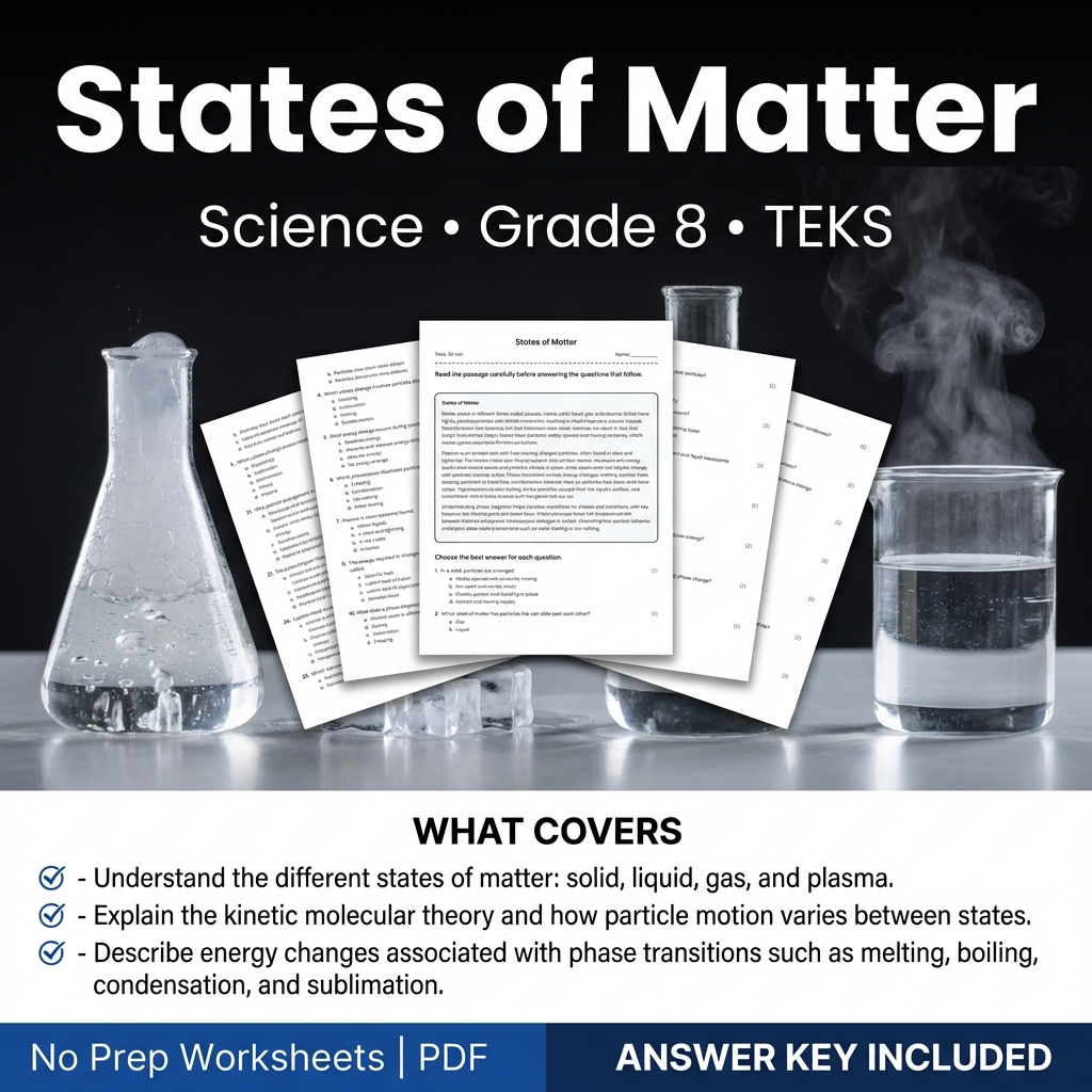 States of Matter Worksheet | 8th Grade Science Practice & Answer Key