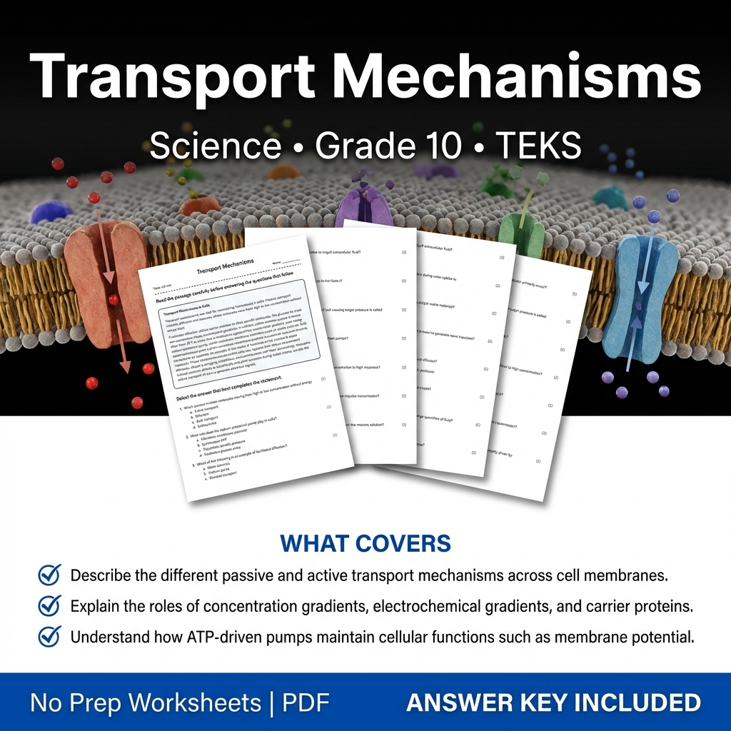 Transport Mechanisms Worksheet for Grade 10 Science | TEKS Aligned