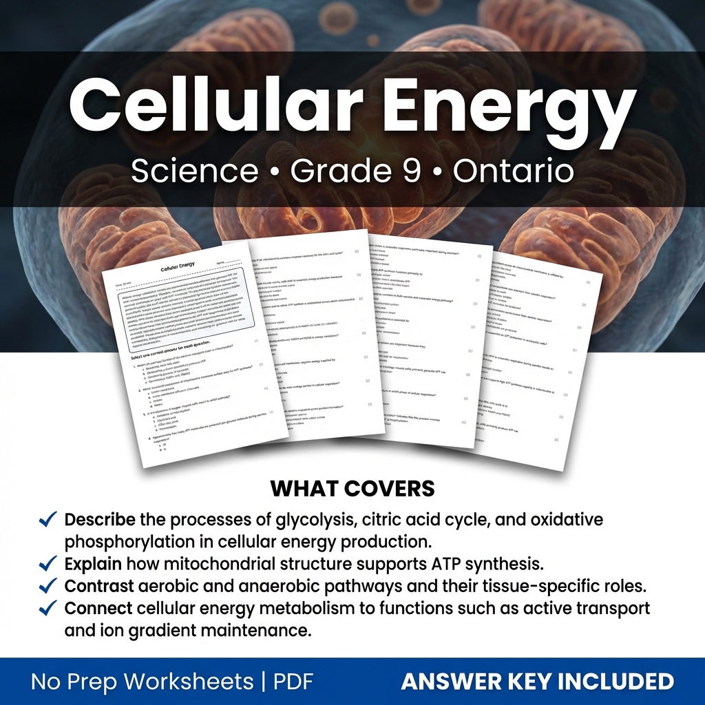 Cellular Energy Worksheet for Grade 9 Science | Ontario Standards