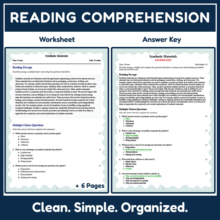 Grade 6 Science reading worksheets worksheet — 6th Grade Science | Synthetic Materials Reading Worksheet with Answer Key (…