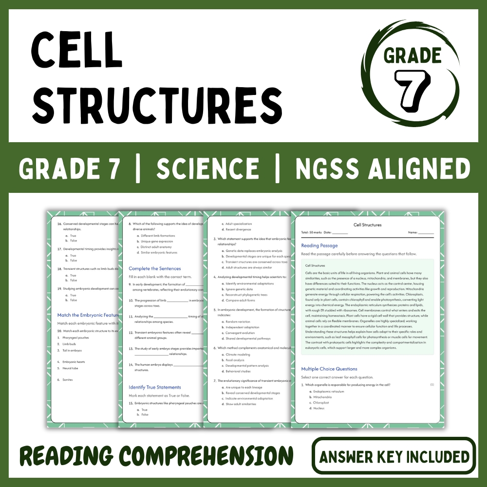7th Grade Science | Cell Structures Worksheet (NGSS Practice & Review)