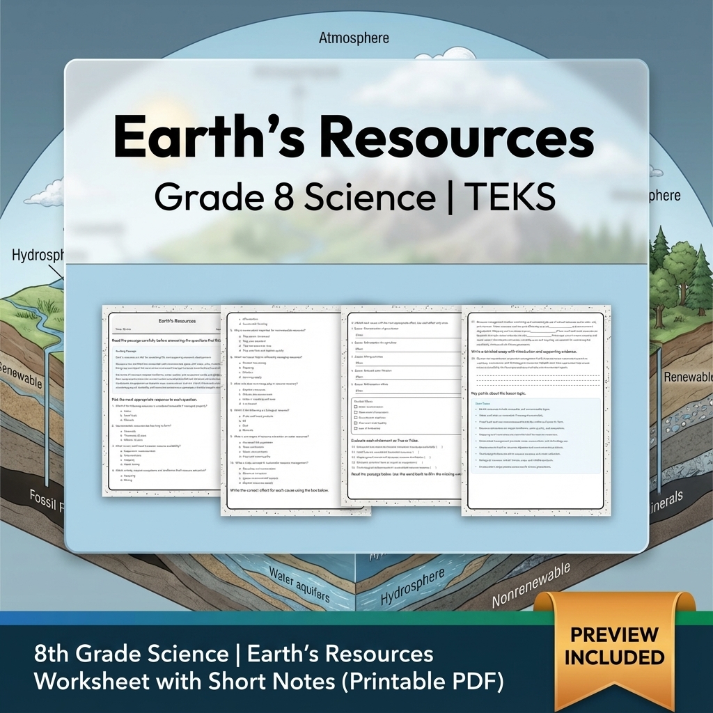 8th Grade Science | Earth's Resources Worksheet with Short Notes (Printable PDF)