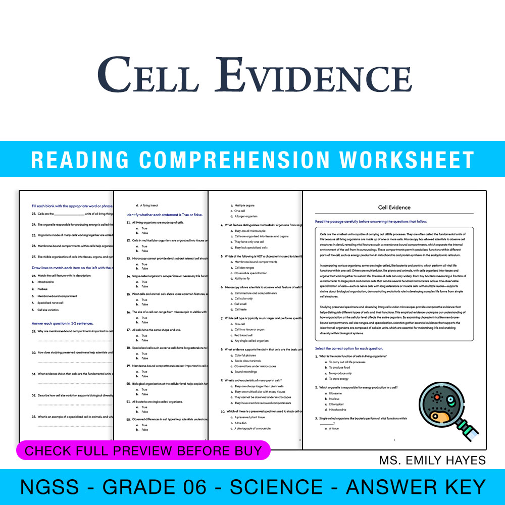 Grade 6 Science — worksheet — 6th Grade Science | Cell Evidence Worksheet (PDF + Answer Key) — page 1