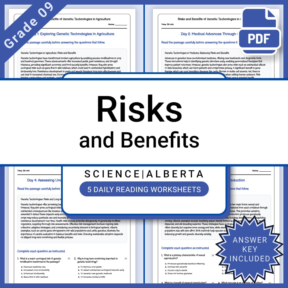 Grade 9 Science daily reading worksheet worksheet — Grade 9 – Risks and Benefits of Genetic Technologies Worksheet + Answe…