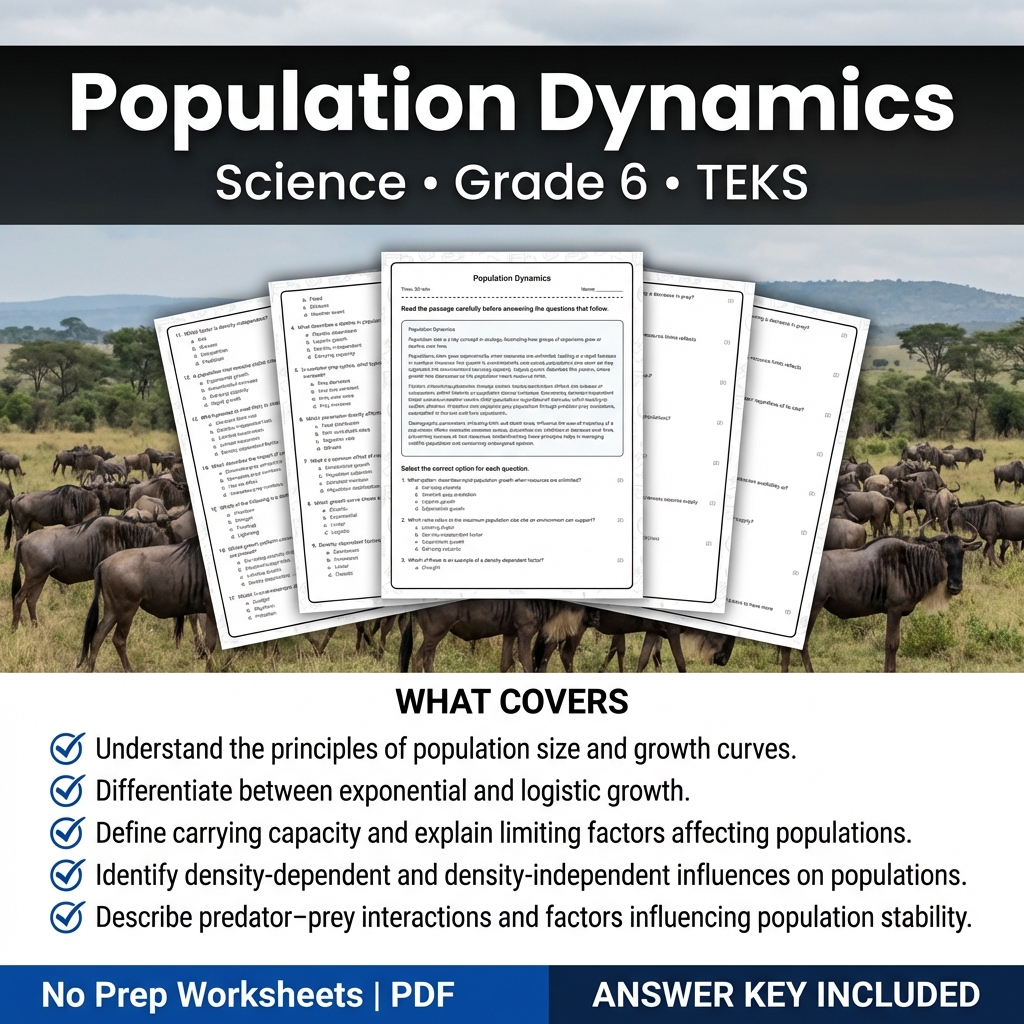 Grade 6 Science Worksheet on Population Dynamics | TEKS Standards