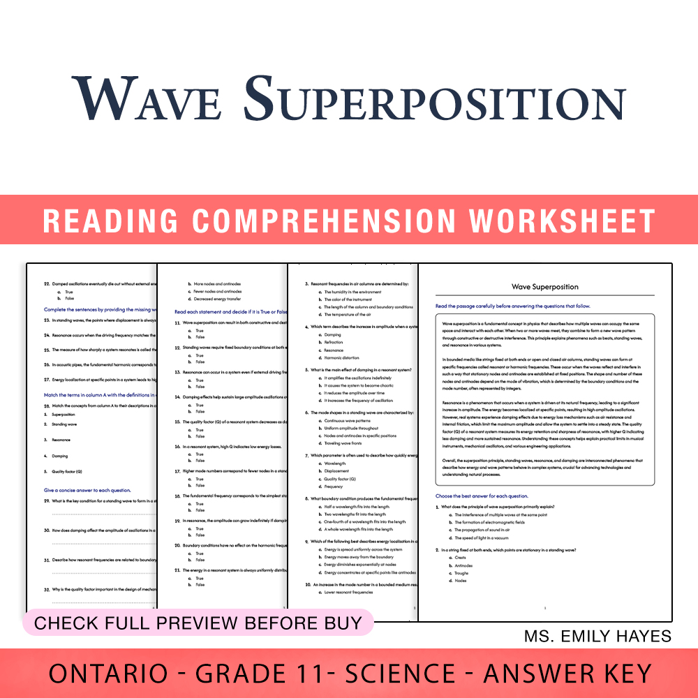 Grade 11 Science worksheet worksheet — 11th Grade Science | Wave Superposition Worksheet (PDF + Answer Key) — page 1