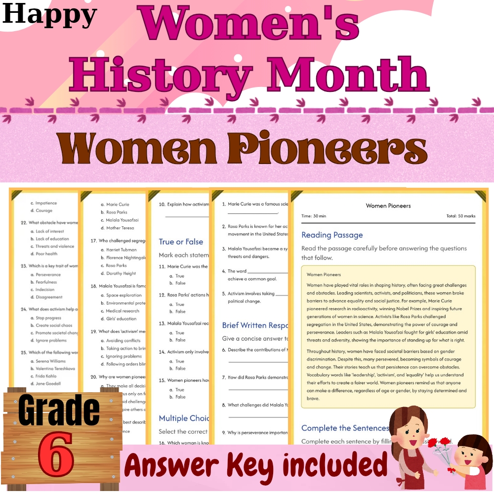 Grade 6 | Mother History Month Worksheet for Women Pioneers | PDF + Answer Key