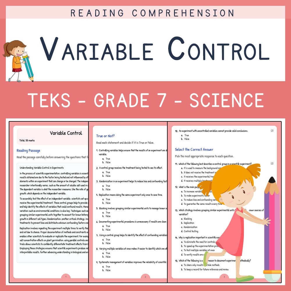Grade 7 Science worksheet elena worksheet — Grade 7 Science | Variable Control Worksheet | TEKS Alligned — page 1