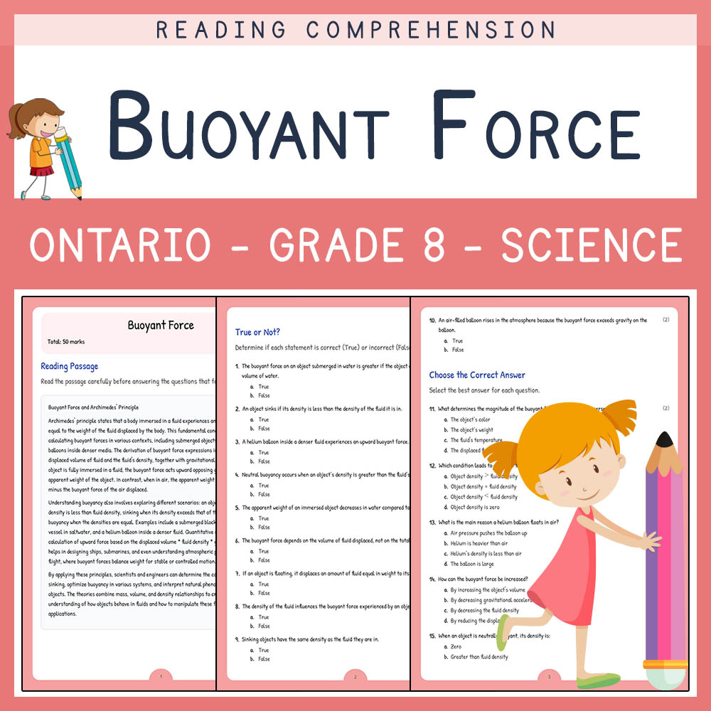 Grade 8 Science worksheet elena worksheet — Grade 8 Science Assessment | Buoyant Force Worksheet Elena | Ontario — page 1