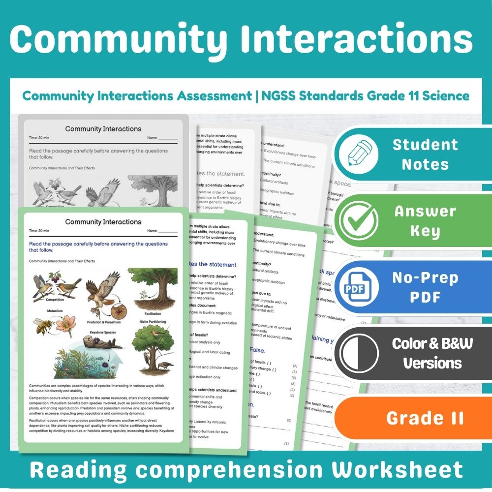 Grade 11 Science assessment worksheet — Community Interactions Assessment | NGSS Standards Grade 11 Science