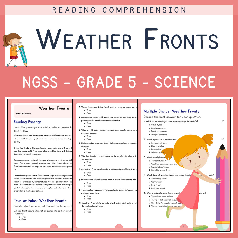 Grade 5 Science worksheets for primary grades worksheet — Grade 5 Science | Weather Fronts Worksheets (PDF) | NGSS Aligned…