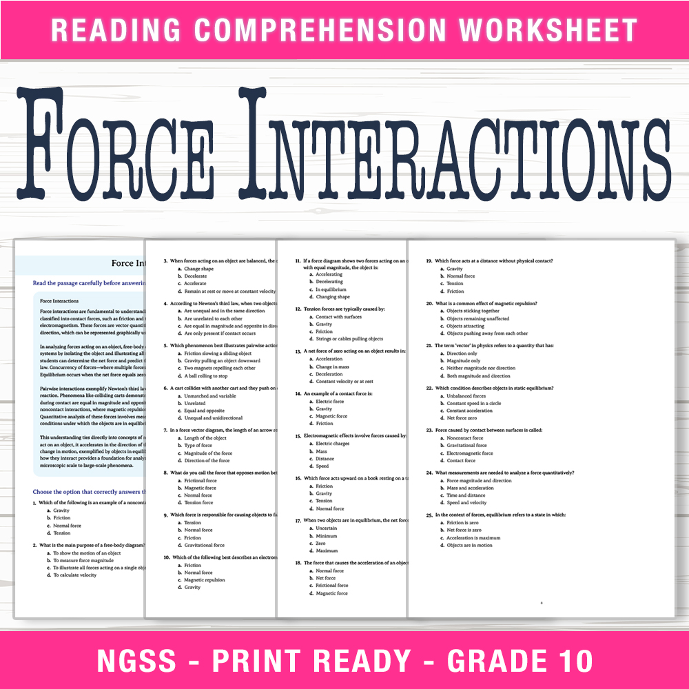Grade 10 Science worksheet worksheet — Grade 10 Science | Force Interactions Worksheet (PDF + Answer Key) — page 1