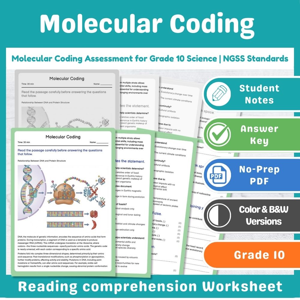 Grade 10 Science assessment worksheet — Molecular Coding Assessment for Grade 10 Science | NGSS Standards