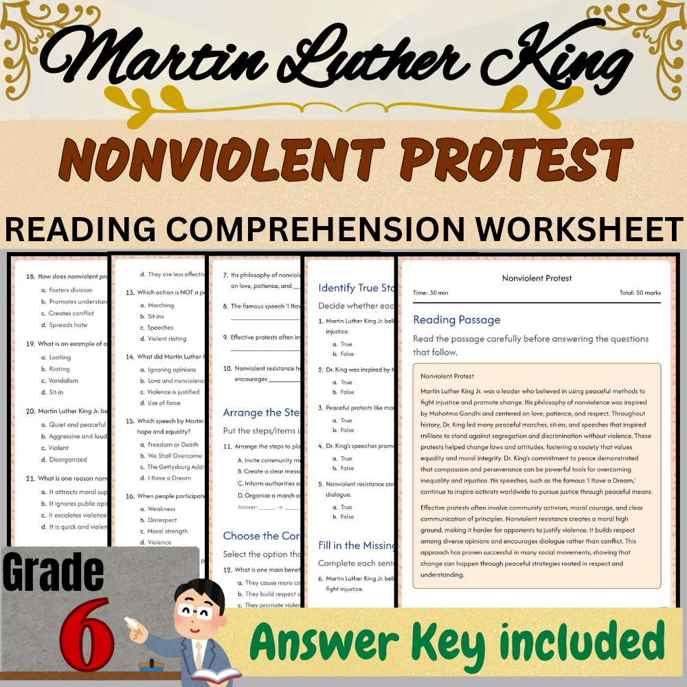 Grade 6 Seasonal | Nonviolent Protest Worksheet for Mastery | PDF + Answer Key