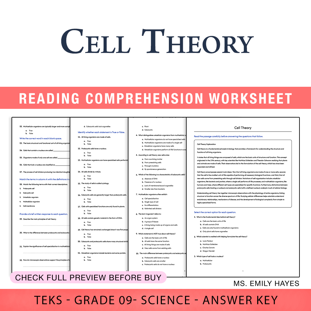 Grade 9 Science worksheet worksheet — 9th Grade Science | Cell Theory Worksheet (PDF+ Answer Key) — page 1