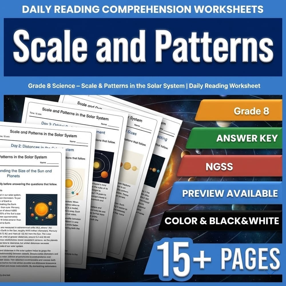 Grade 8 Science daily reading worksheet — Grade 8 Science – Scale & Patterns in the Solar System | Daily Reading Worksheet