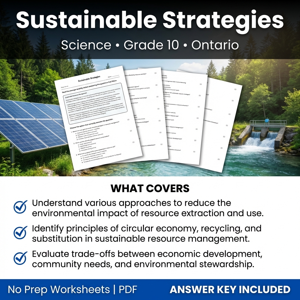 Grade 10 Science Worksheet on Sustainable Strategies | Ontario Standards