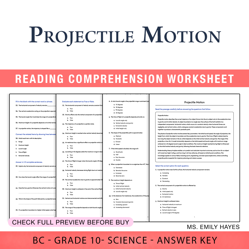 Grade 10 Science worksheet worksheet — 10th Grade Science | Projectile Motion Worksheet (PDF+ Answer Key) — page 1