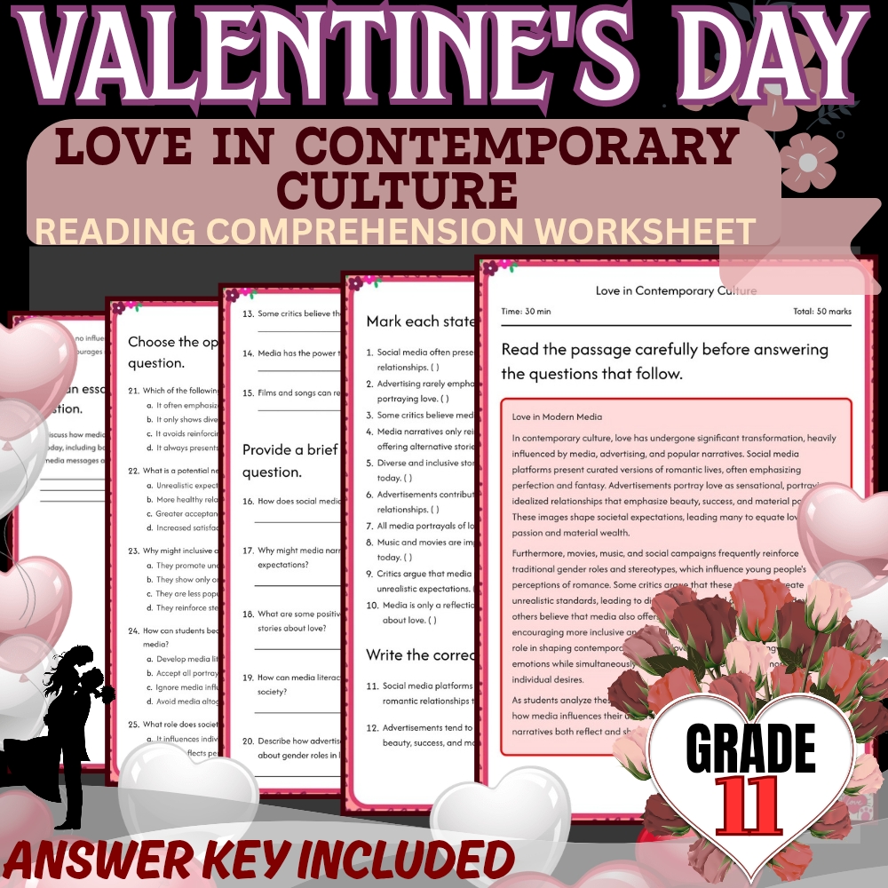 Grade 11 Holiday Unit | Valentine’s Day Worksheets  (Answer Keys Included) — included worksheet 1