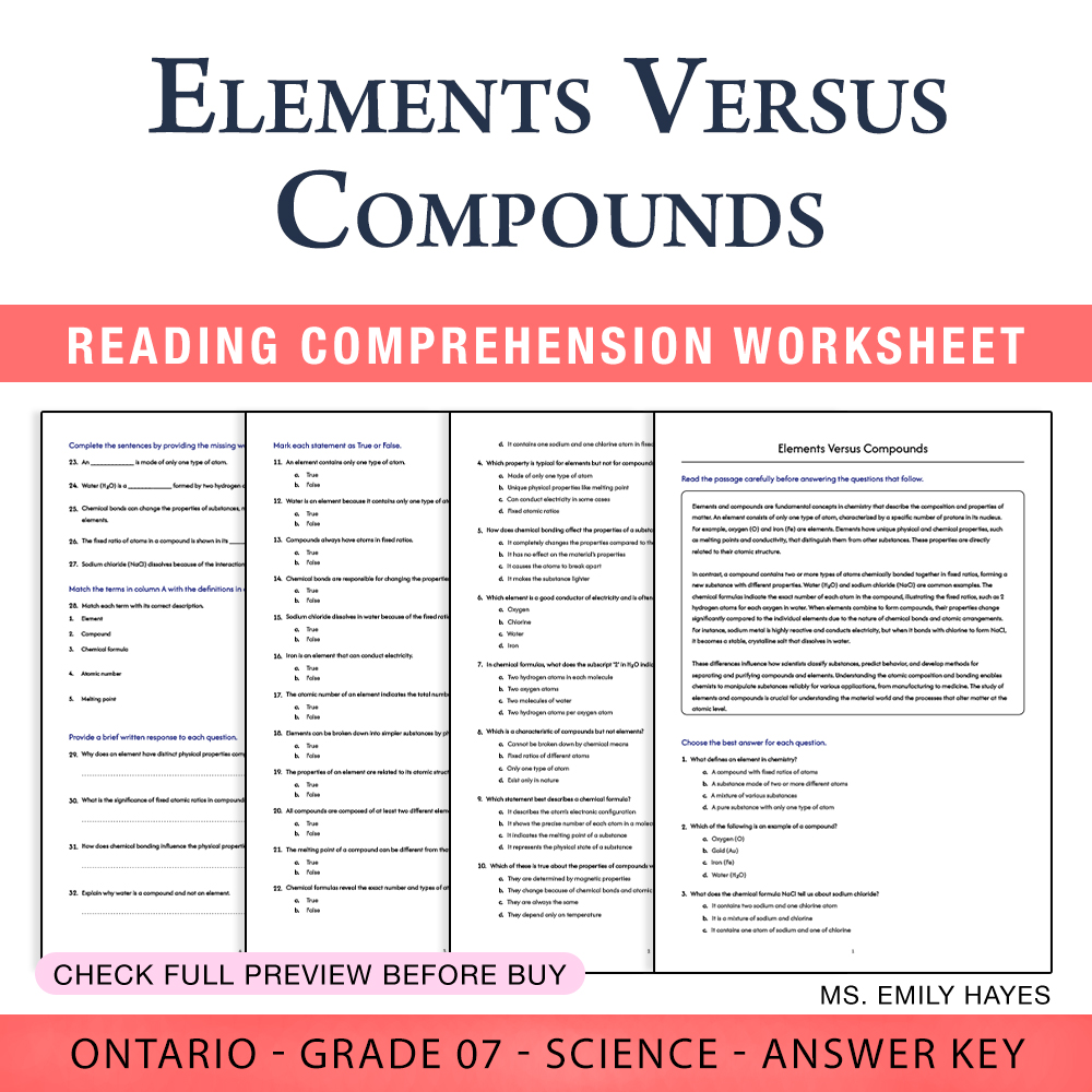 Grade 7 Science worksheet worksheet — 7th Grade Science | Elements Versus Compounds Worksheet (PDF+ Answer Key) — page 1
