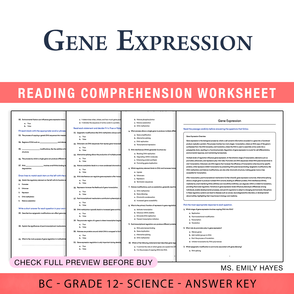 Grade 12 Science worksheet worksheet — Grade 12 Science | Gene Expression Worksheet (PDF + Answer Key) — page 1