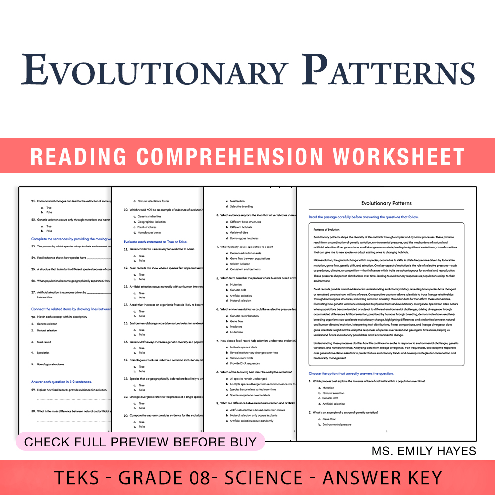 Grade 8 Science worksheet worksheet — Grade 8 Science | Evolutionary Patterns Worksheet (PDF+ Answer Key) — page 1