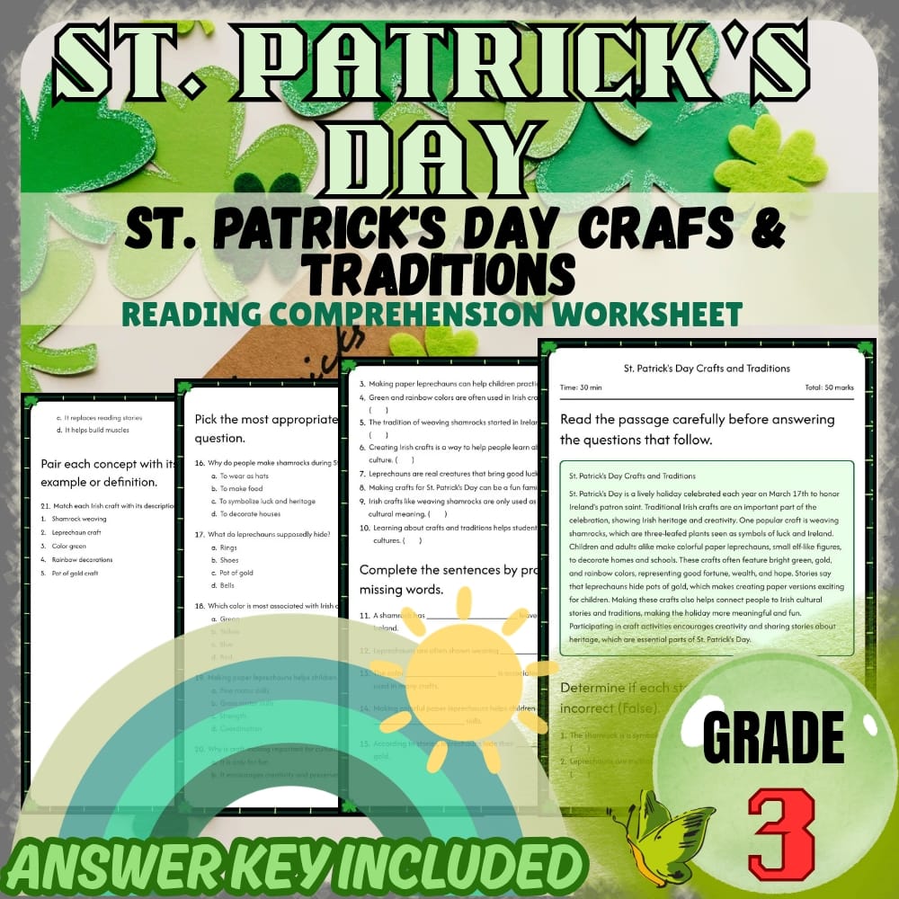 Grade 3 St. Patrick's Day Holiday Worksheets Bundle | March Celebrations — included worksheet 2