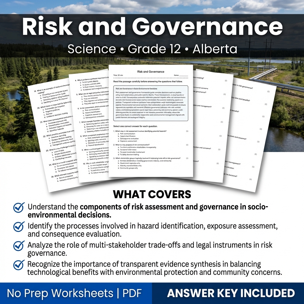 Risk and Governance Science Worksheet for Grade 12 | Alberta Standards