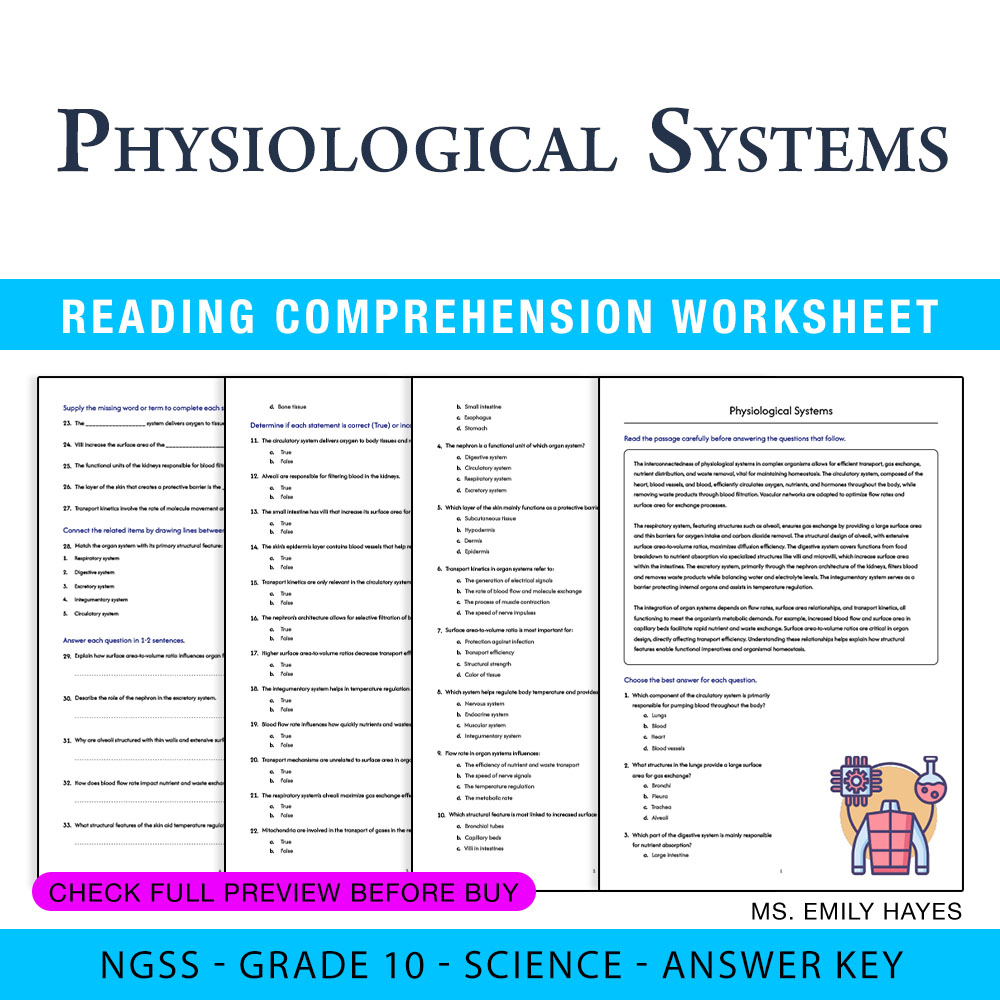 Grade 10 Science — worksheet — Grade 10 Science | Physiological Systems Worksheet (PDF+ Answer Key) — page 1