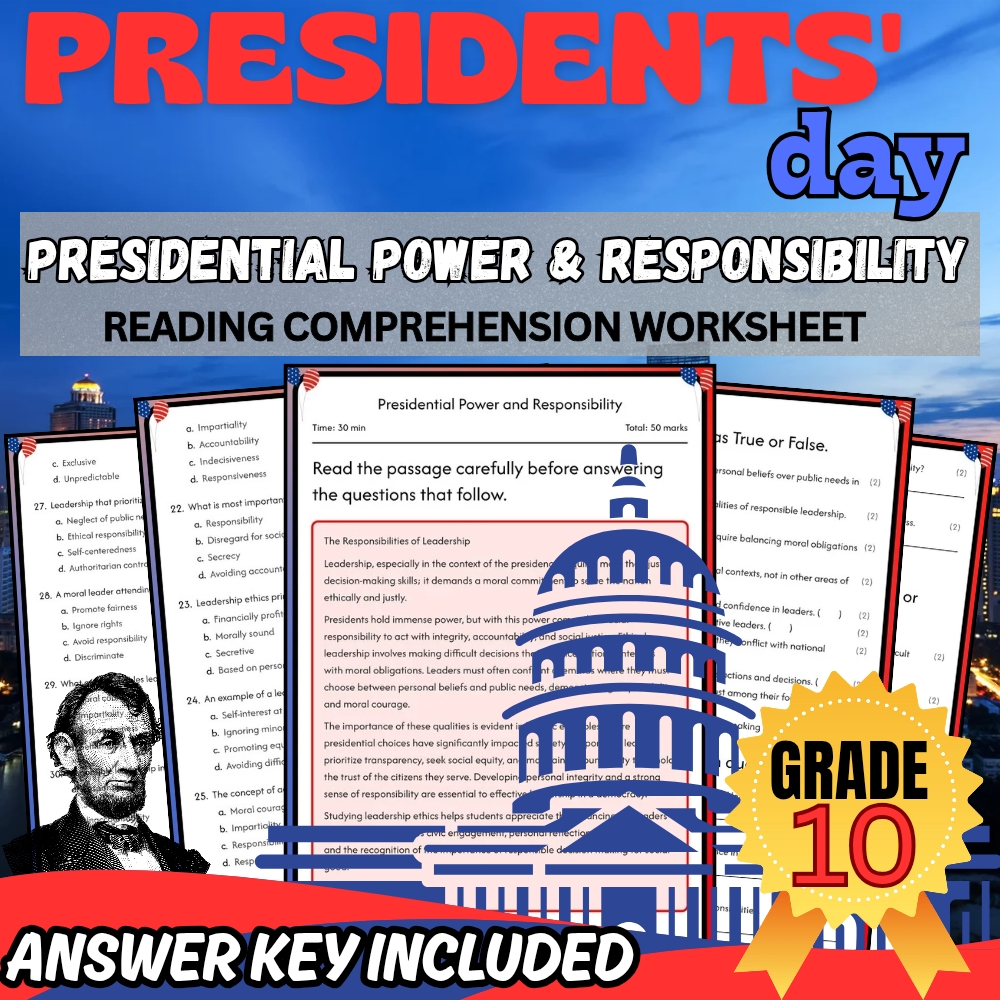 Grade 10 Presidents' Day Unit Bundle|Leadership & Founding Principles Worksheets — included worksheet 3