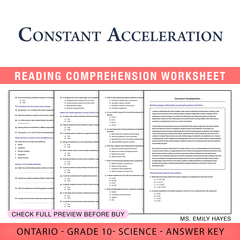 Grade 10 Science worksheet worksheet — Grade 10 Science | Constant Acceleration Worksheet (PDF + Answer Key) — page 1