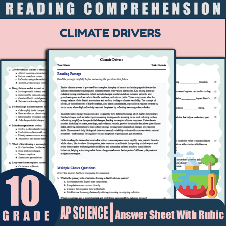 Grade 10 Science reading worksheets worksheet — Grade 10 Science | Climate Drivers Reading Worksheet (PDF + Rubric) — page 1