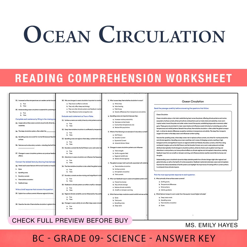 Grade 9 Science worksheet worksheet — Grade 9 Science | Ocean Circulation Worksheet (PDF+ Answer Key) — page 1