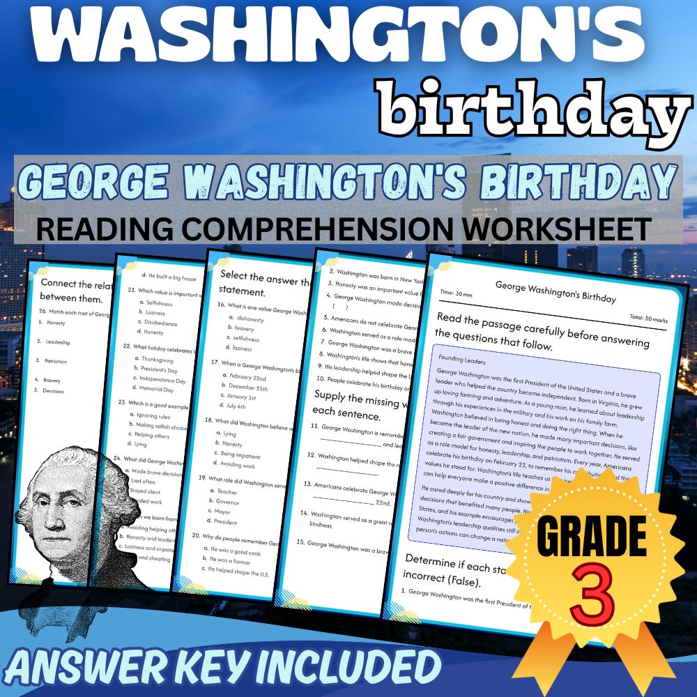 Grade 3 Holiday | George Washington's Birthday for Mastery | PDF + Answer Key