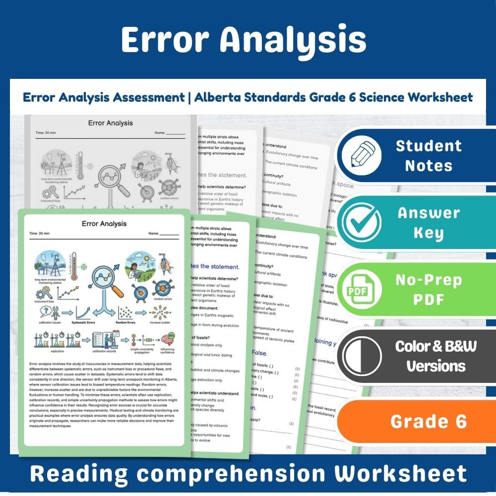 Grade 6 Science assessment worksheet — Error Analysis Assessment | Alberta Standards Grade 6 Science Worksheet — page 1