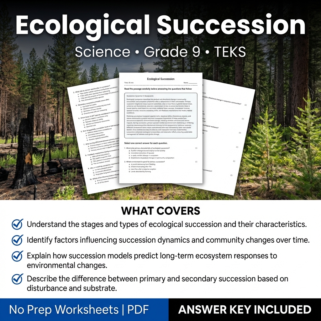 Ecological Succession Worksheet for Grade 9 Science | TEKS Aligned