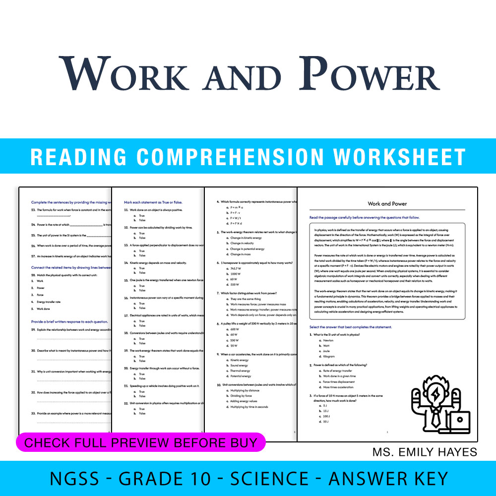 Grade 10 Science worksheet — Grade 10 Science | Work and Power Worksheet (PDF+ Answer Key) — page 1