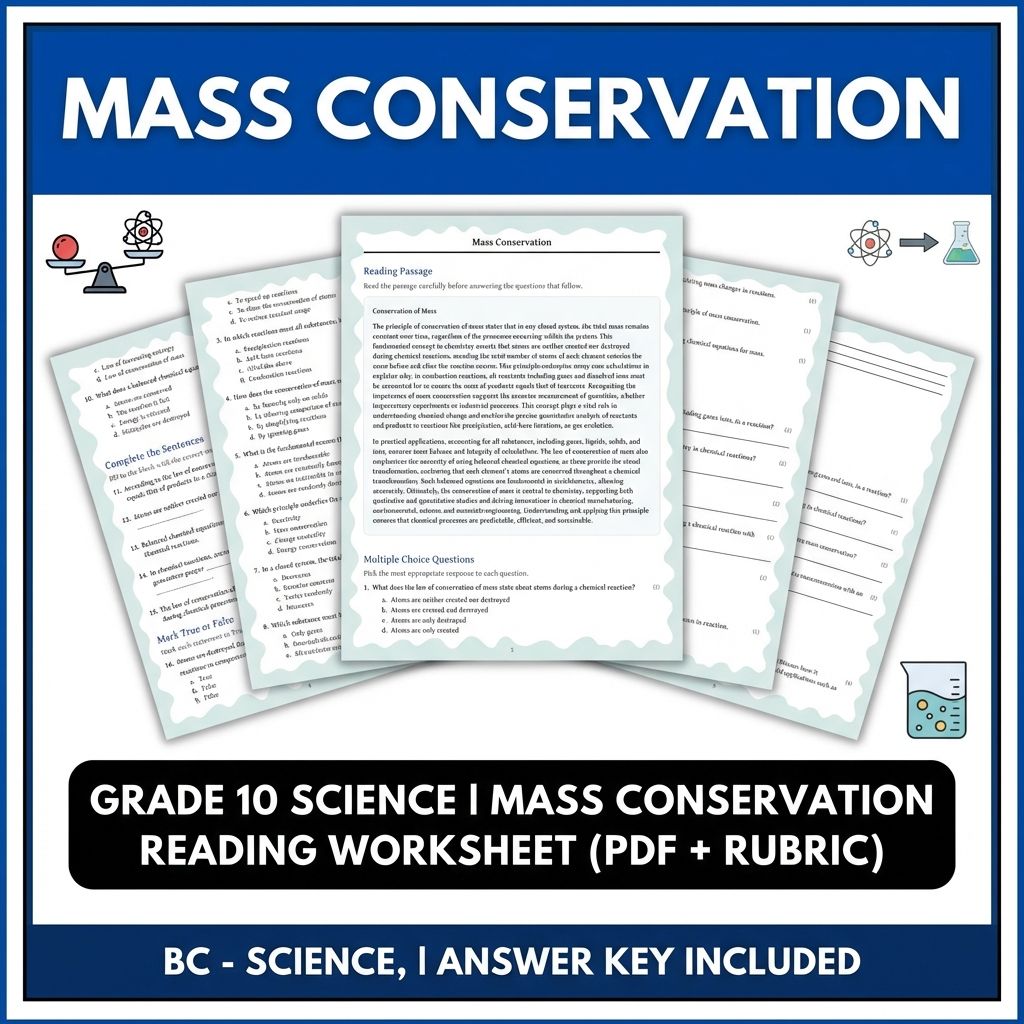Grade 10 Science | Mass Conservation Reading Worksheet (PDF + Rubric)