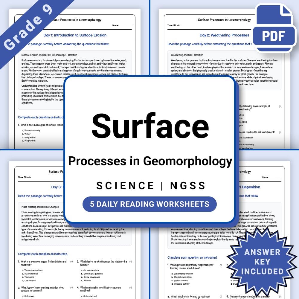 Grade 9 Science daily reading worksheet worksheet — Grade 9 Science Surface Processes Daily Reading Worksheet(PDF + Answer…