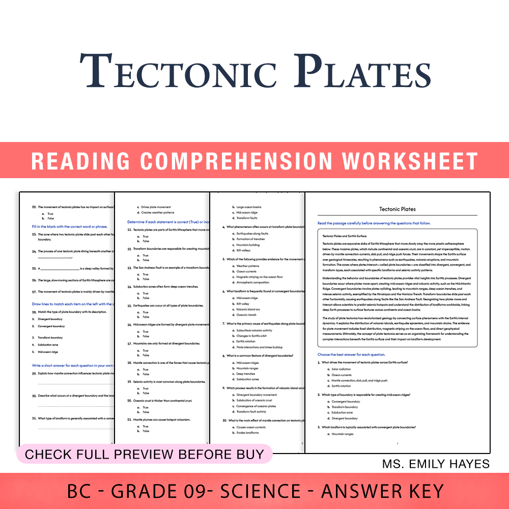 Grade 9 Science worksheet worksheet — 9th Grade Science | Tectonic Plates Worksheet (PDF+ Answer Key) — page 1