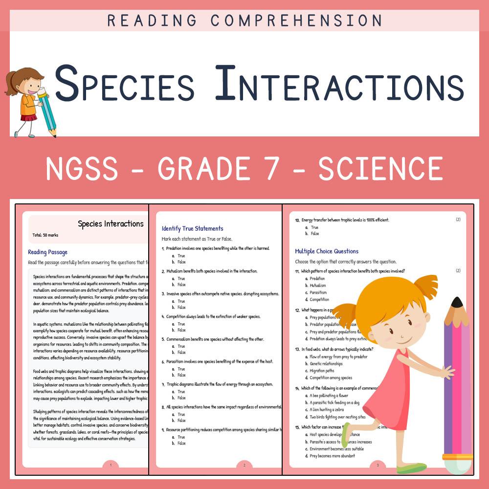 Grade 7 Science worksheet worksheet — Grade 7 Science | Species Interactions Worksheet & Answer Key (NGSS Aligned) — page 1