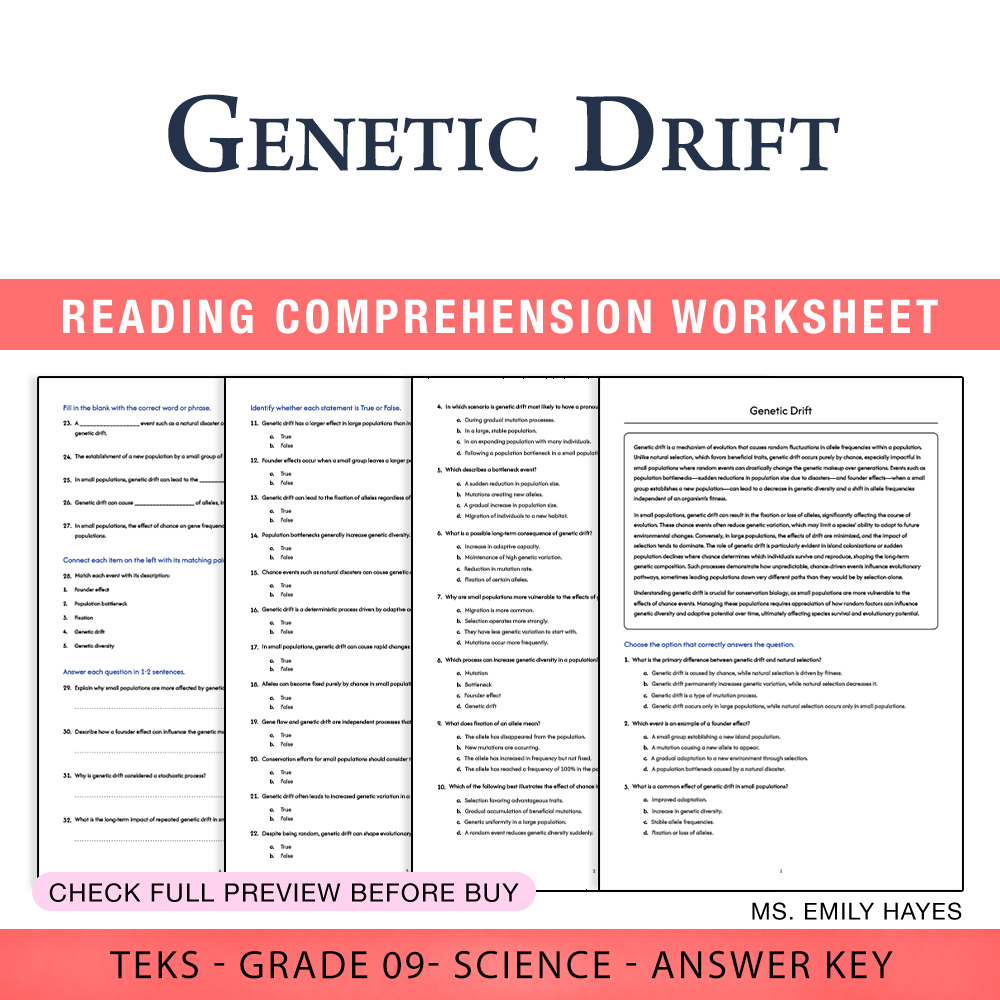 Grade 9 Science worksheet worksheet — 9th Grade Science | Genetic Drift Worksheet (PDF+ Answer Key) — page 1