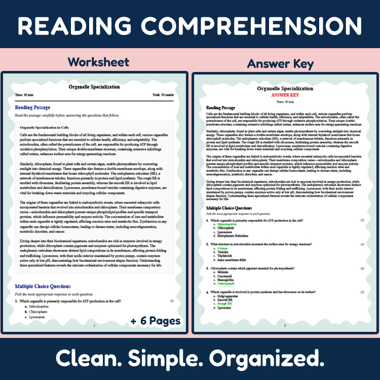 Grade 11 Science reading worksheets worksheet — 11th Grade Science | Organelle Specialization Reading Worksheet & Answer K…